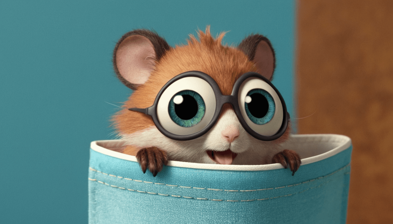 A brown and white gopher with glasses peeking out of a pocket