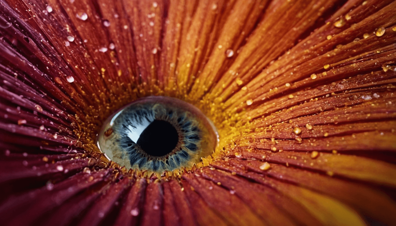 A close-up of a human eye with a black pupil and a blue iris. Raindrops are visible on the flower petals and the eye.