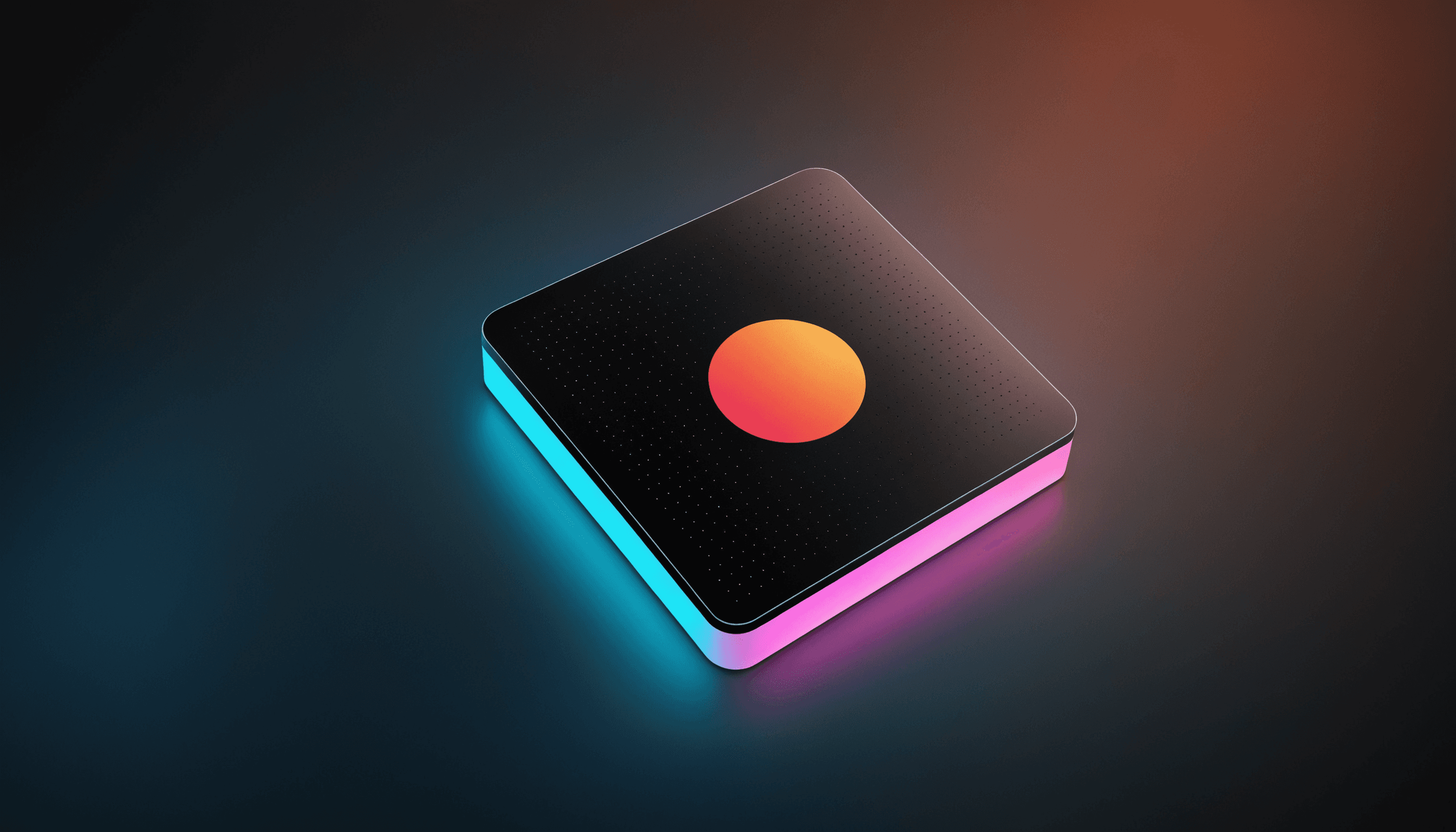 A modern, glowing square device with a central gradient circle, featuring neon blue and pink edges on a dark background