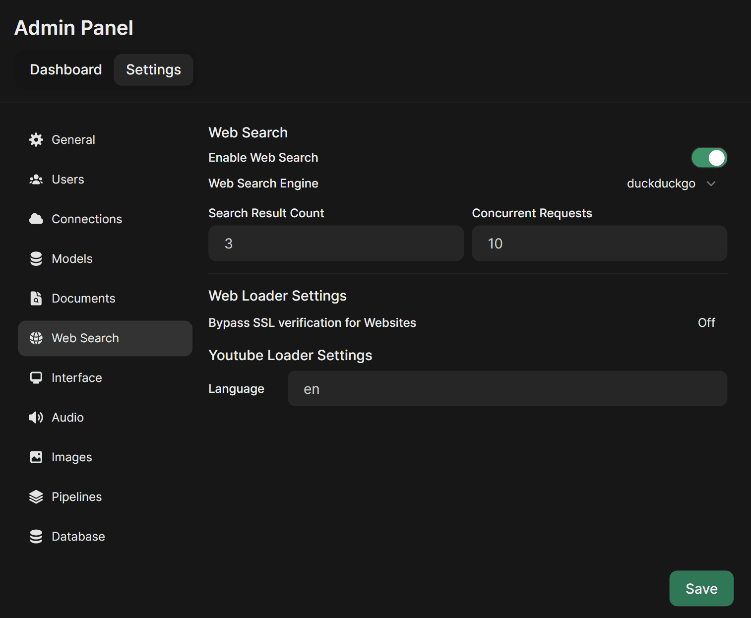 Admin Settings Web Search