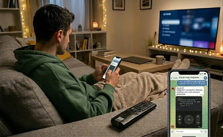 Phone showing a Claude Code chat over Telegram building a Wi-Fi TV remote, with the dead physical remote on the couch and the TV on in the background.
