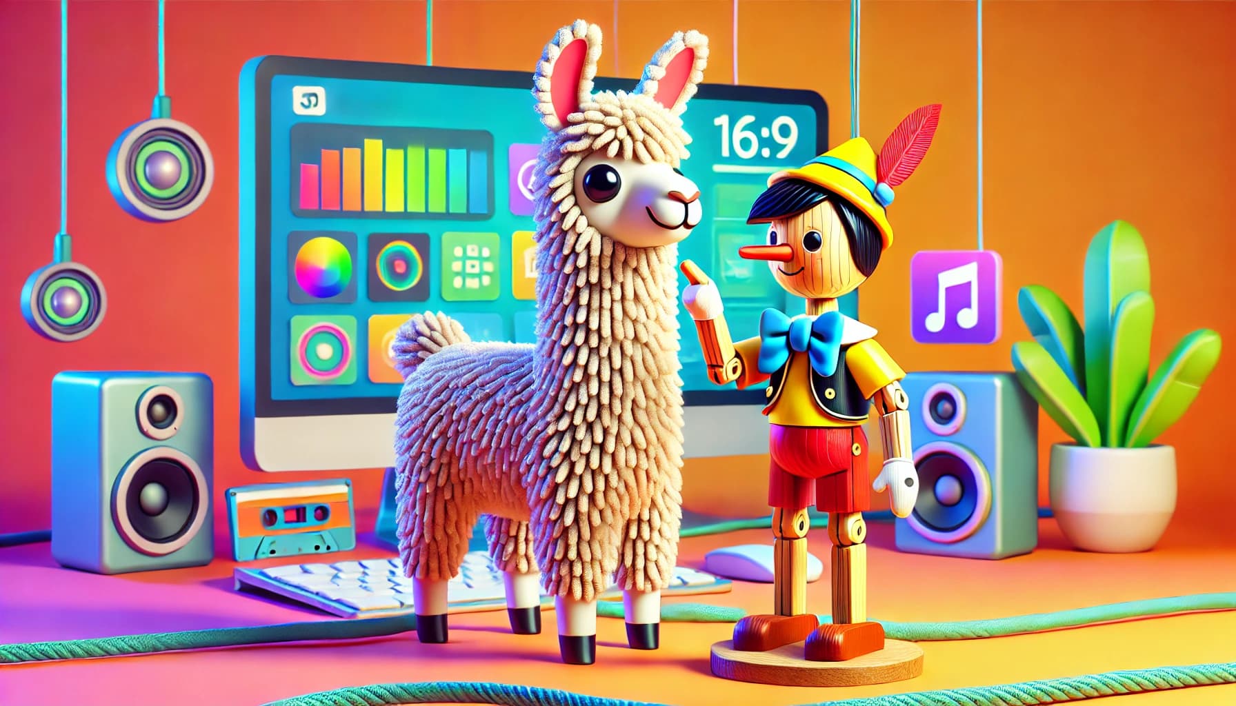 3D illustration of a llama playfully interacting with a wooden Pinocchio in a vibrant, tech-themed environment.